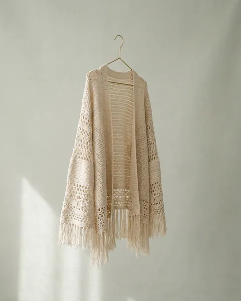 Kimono de crochê cru com franjas