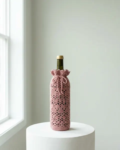 Capa de crochê rosé para garrafa de vinho